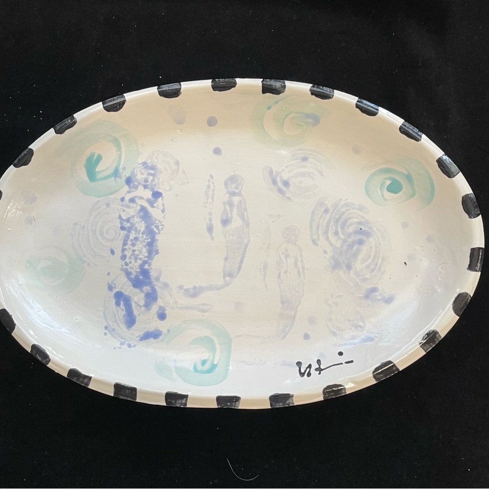Handmade Ceramic Serving Tray “Mermaids”Majolica Glaze 12”x7” Original Design
